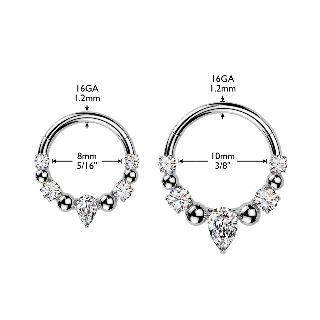 316L Surgical Steel White CZ Gem Teardrop Beaded Side Facing Hinged Clicker Hoop