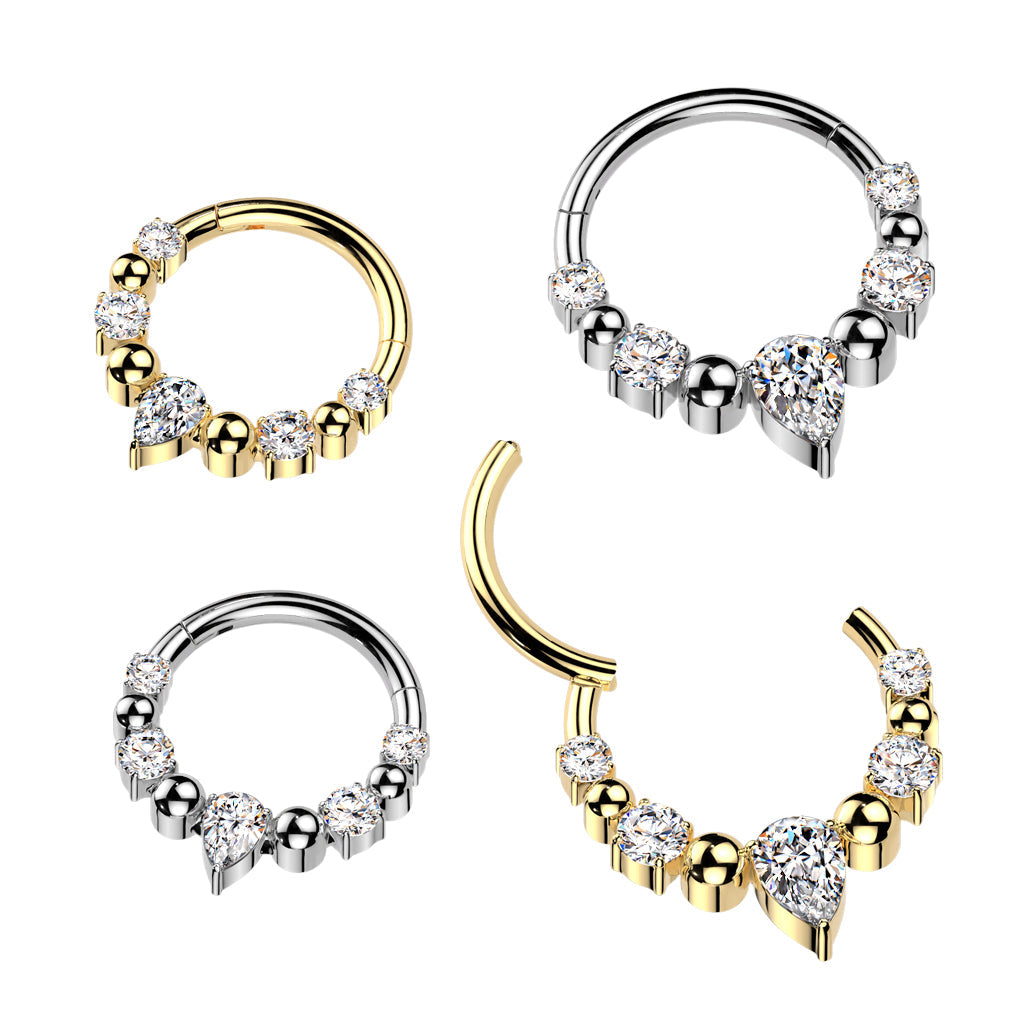 316L Surgical Steel White CZ Gem Teardrop Beaded Side Facing Hinged Clicker Hoop