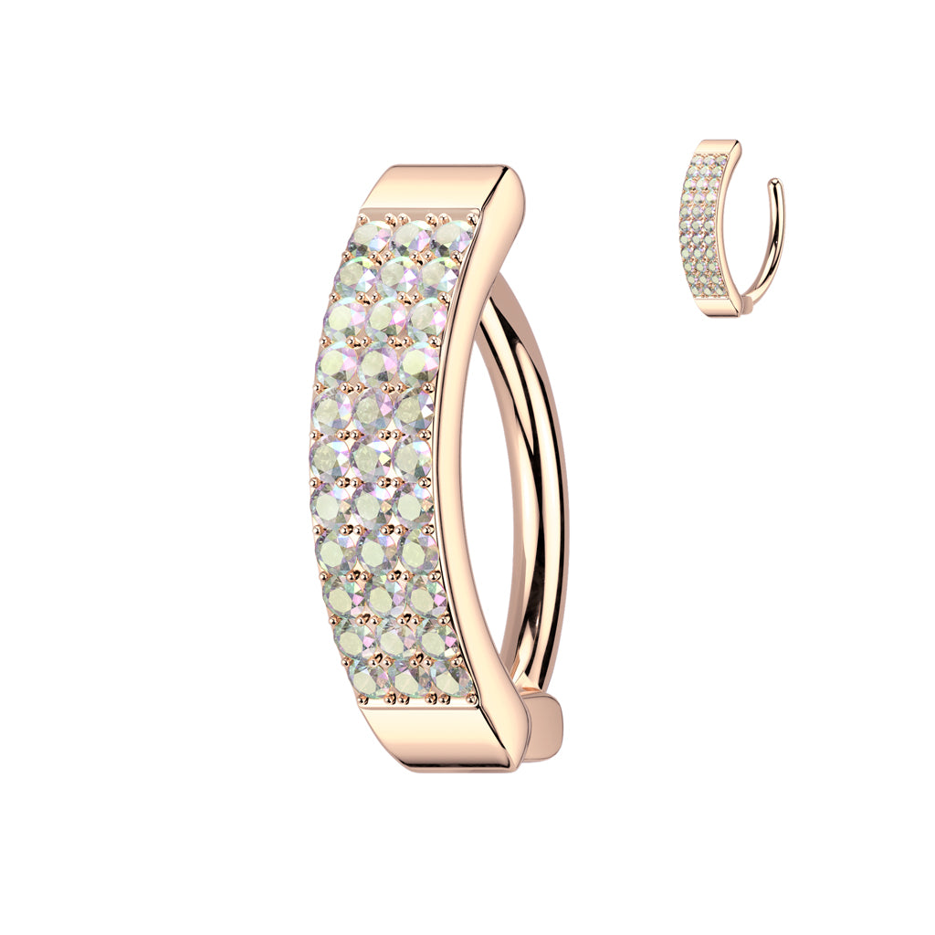 316L Surgical Steel Rose Gold PVD AB CZ Wide Triple Line Pave Hinged Clicker Belly Ring