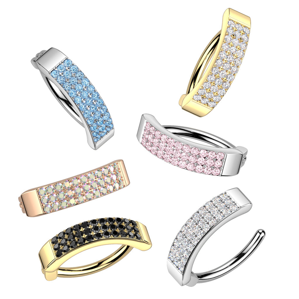 316L Surgical Steel Pink CZ Wide Triple Line Pave Hinged Clicker Belly Ring