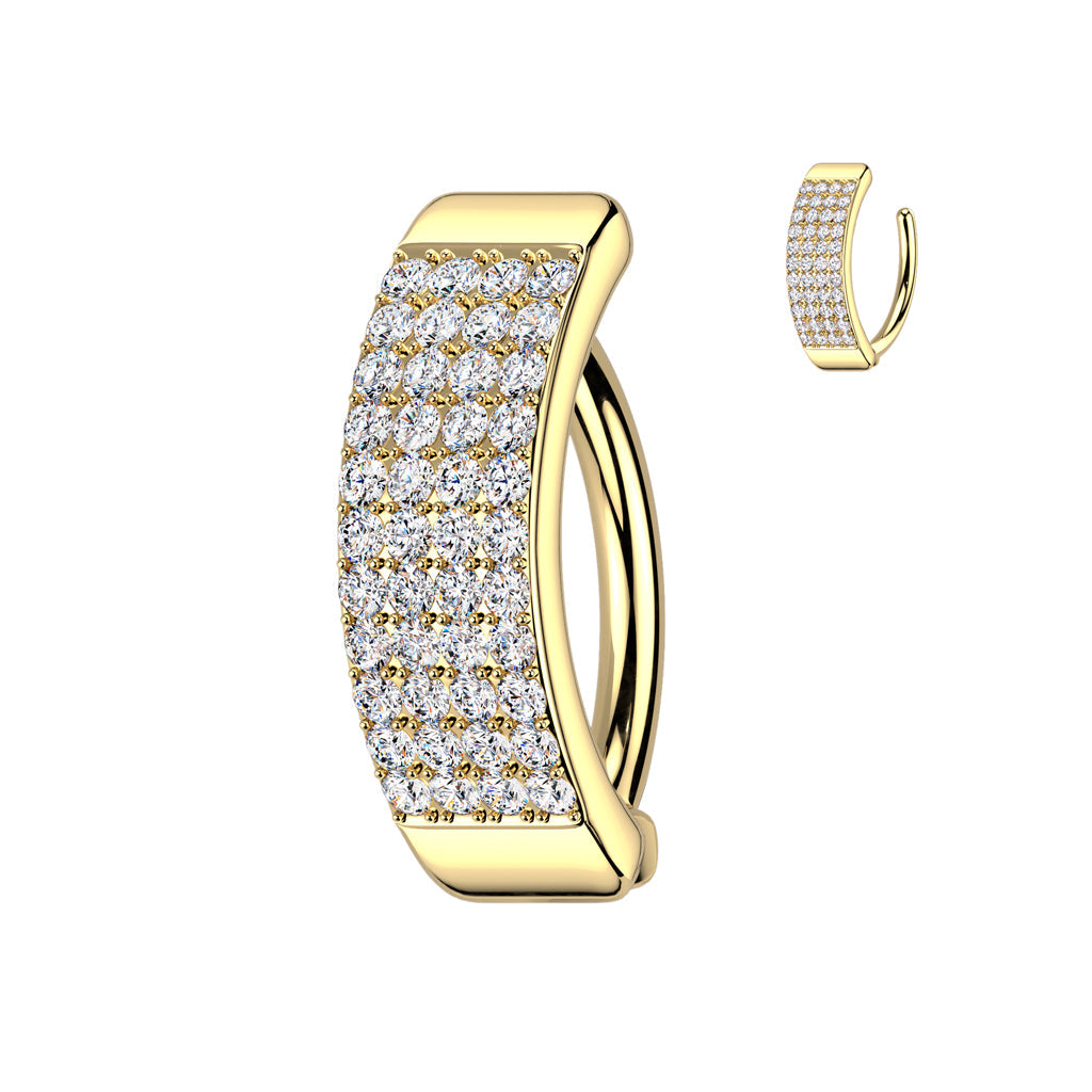 316L Surgical Steel Gold PVD Thick 4 Row White CZ Pave Hinged Clicker Belly Ring