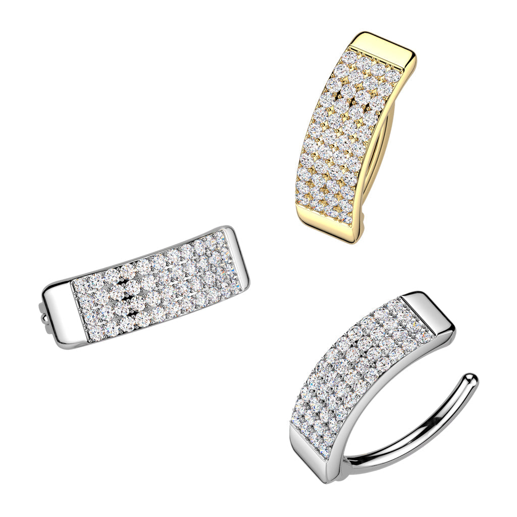 316L Surgical Steel Gold PVD Thick 4 Row White CZ Pave Hinged Clicker Belly Ring