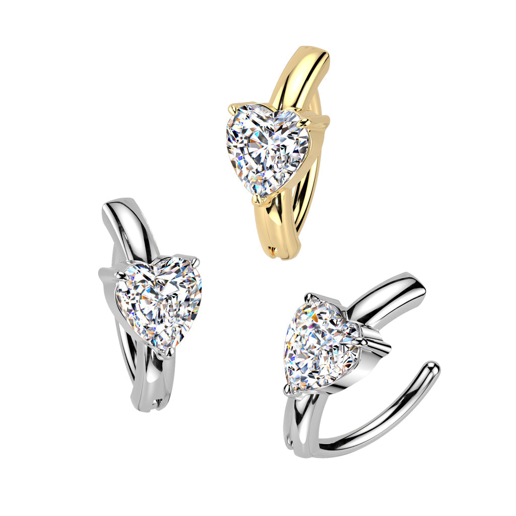 316L Surgical Steel Gold PVD Large White CZ Heart Hinged Clicker Belly Ring