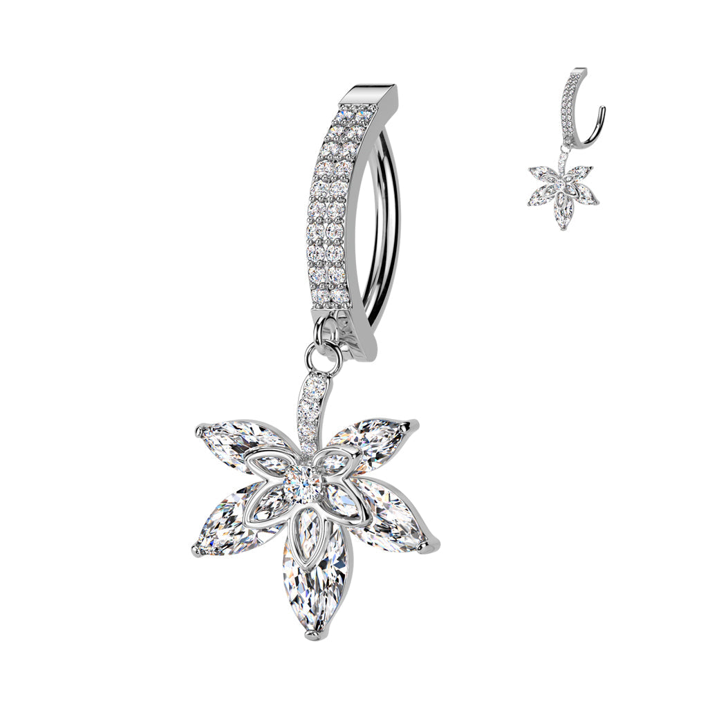316L Surgical Steel White CZ Pave Leaf Dangle Hinged Clicker Belly Ring