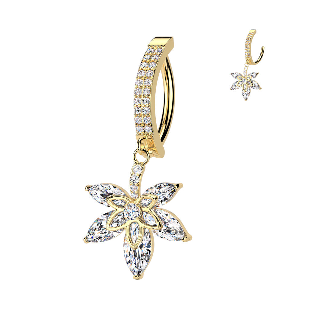 316L Surgical Steel Gold PVD White CZ Pave Leaf Dangle Hinged Clicker Belly Ring