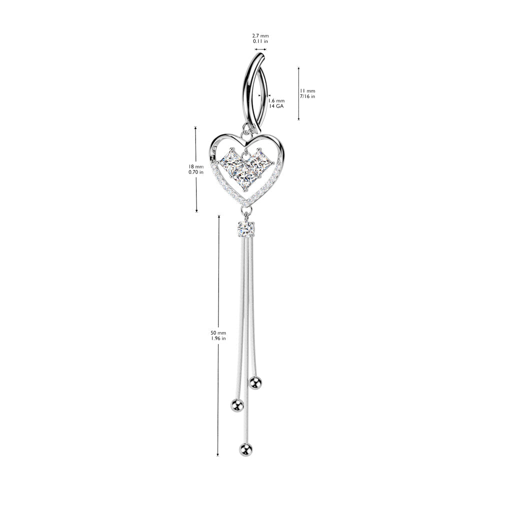 316L Surgical Steel Gold PVD White CZ Square Gem Heart Dangle Hinged Clicker Belly Ring
