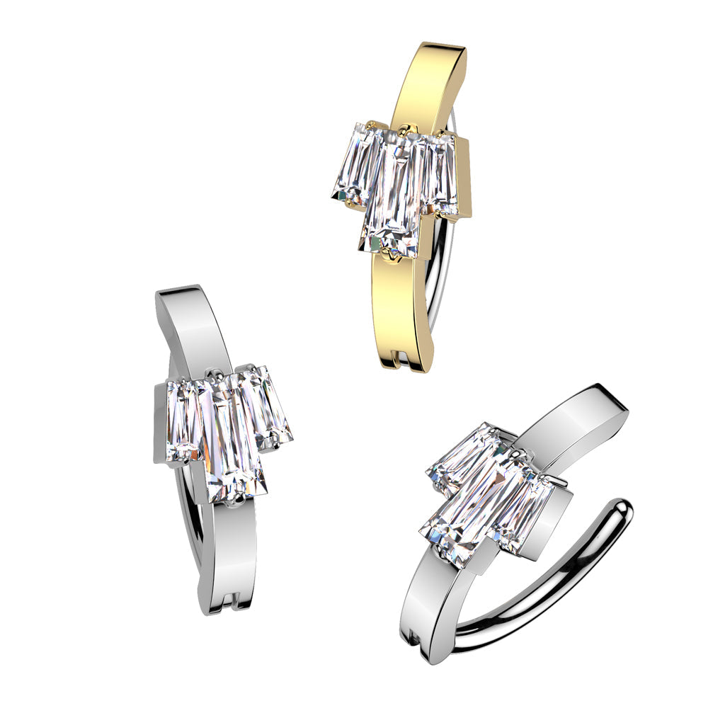 316L Surgical Steel Gold PVD White CZ Baguette Gem Cluster Hinged Clicker Belly Ring