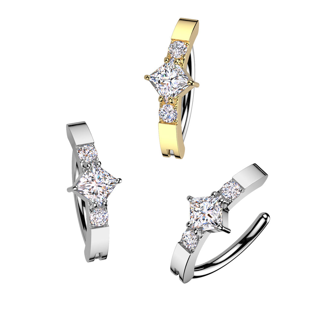 316L Surgical Steel White CZ Square Gem Hinged Clicker Belly Ring