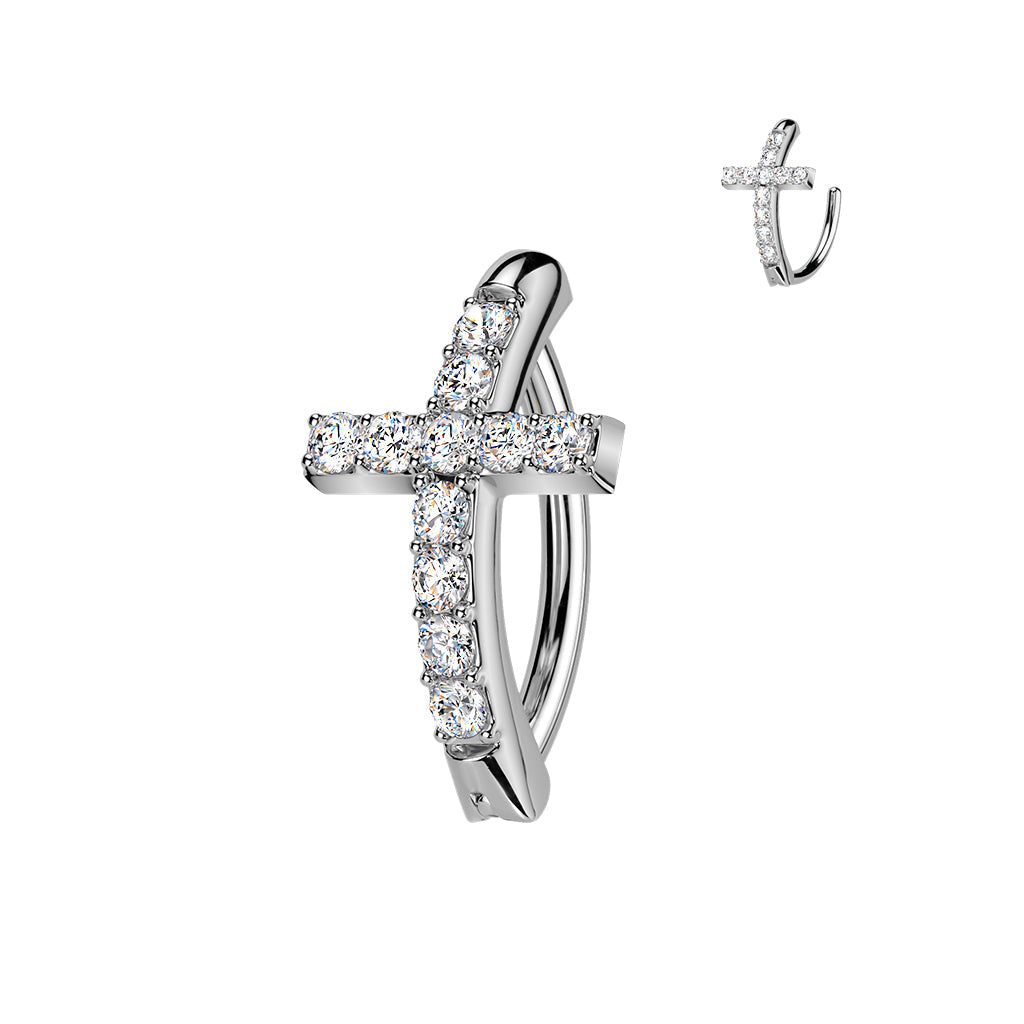 316L Surgical Steel White CZ Cross Hinged Clicker Belly Ring