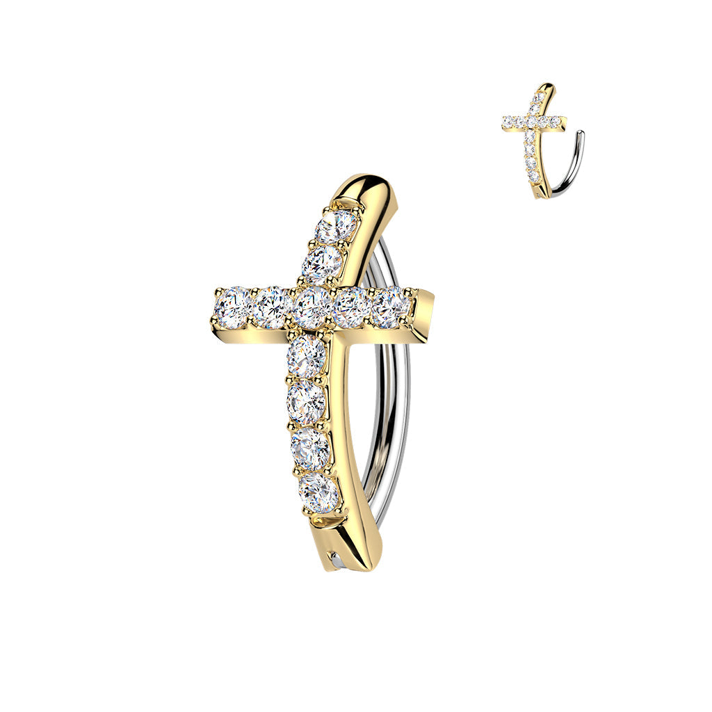 316L Surgical Steel Gold PVD White CZ Cross Hinged Clicker Belly Ring