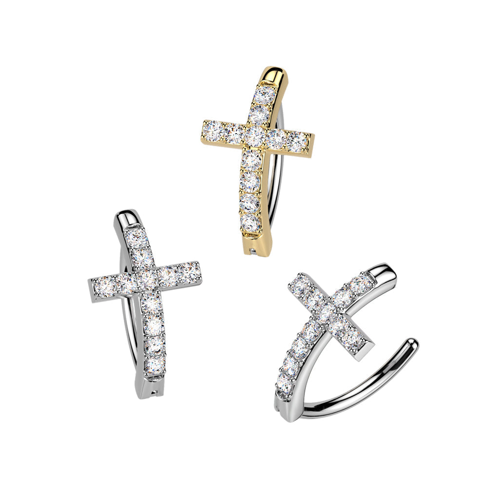 316L Surgical Steel White CZ Cross Hinged Clicker Belly Ring