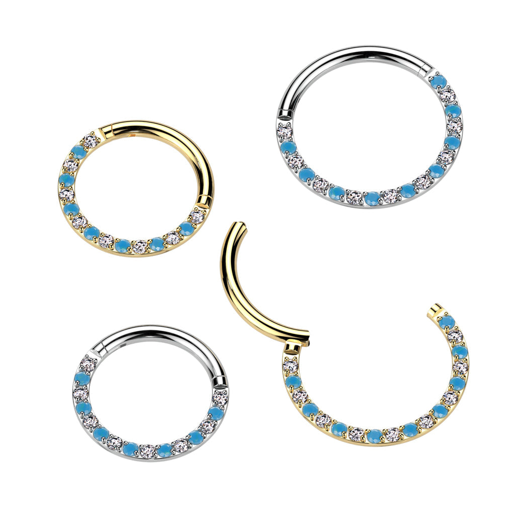 Implant Grade Titanium Aqua White CZ Pave Hinged Clicker Hoop