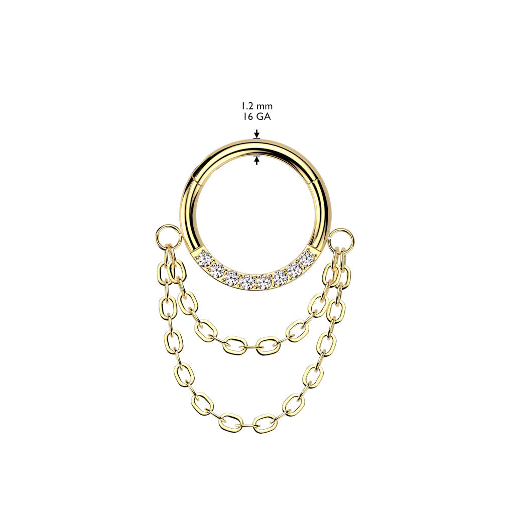 Implant Grade Titanium Gold PVD White CZ Chain Dangle Clicker Hoop
