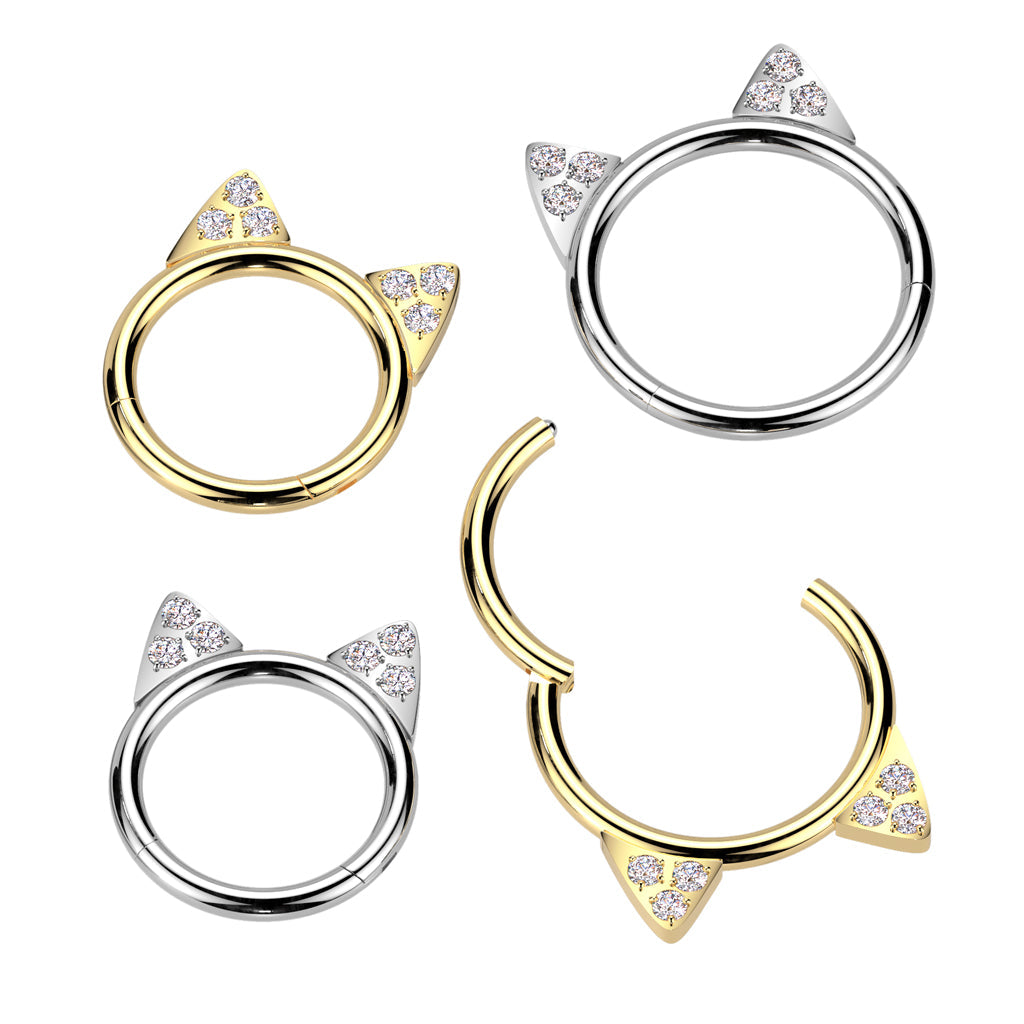 Implant Grade Titanium White CZ Cute Cat Ear Hinged Clicked Hoop