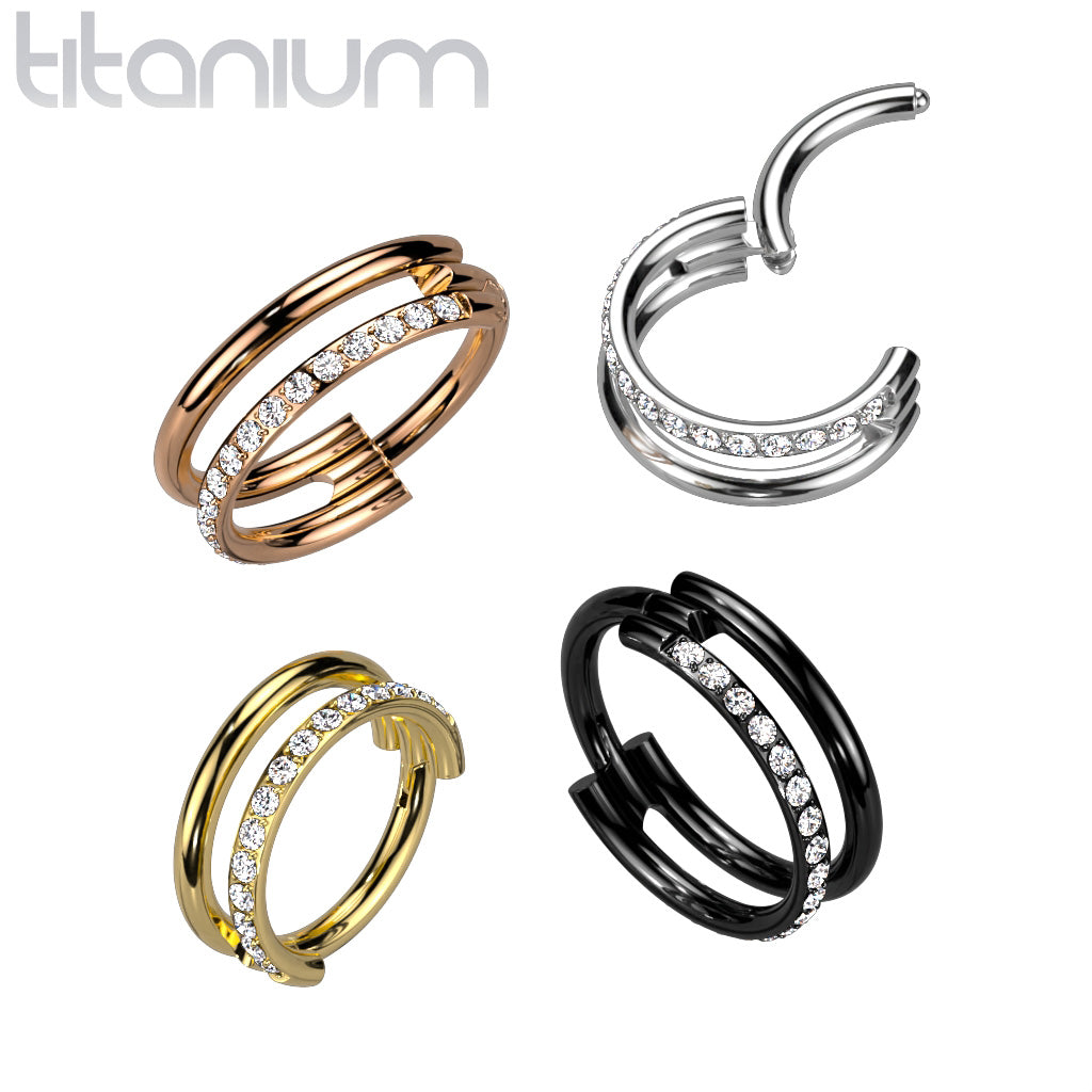 Implant Grade Titanium Gold PVD Double Hoop White CZ Pave Hinged Clicker