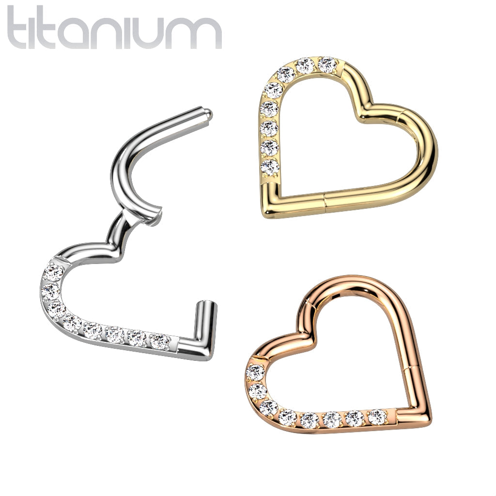 Implant Grade Titanium White CZ Heart Hinged Daith Clicker Hoop