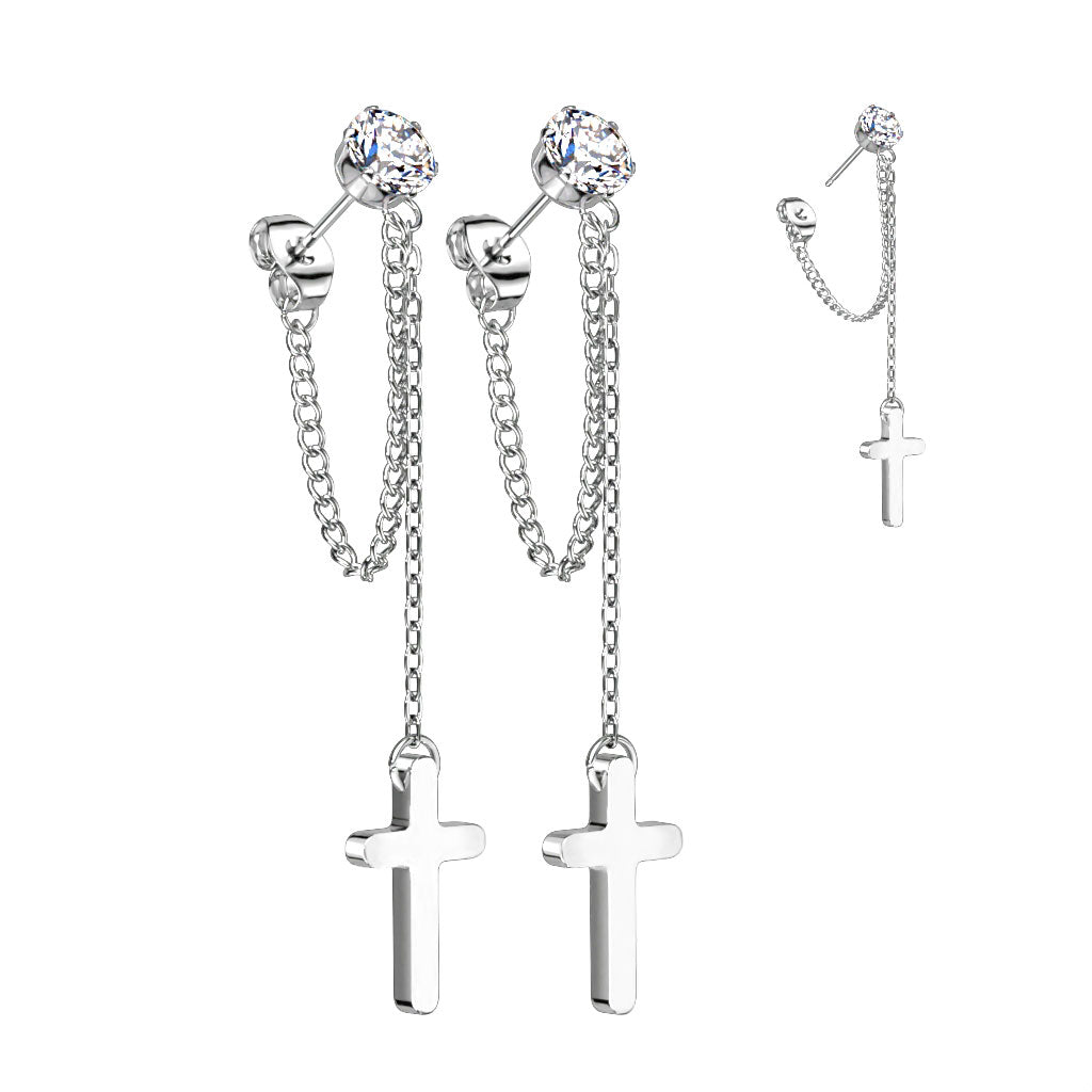 Pair of 316L Surgical Steel White CZ Cross Chain Dangle Earring Studs