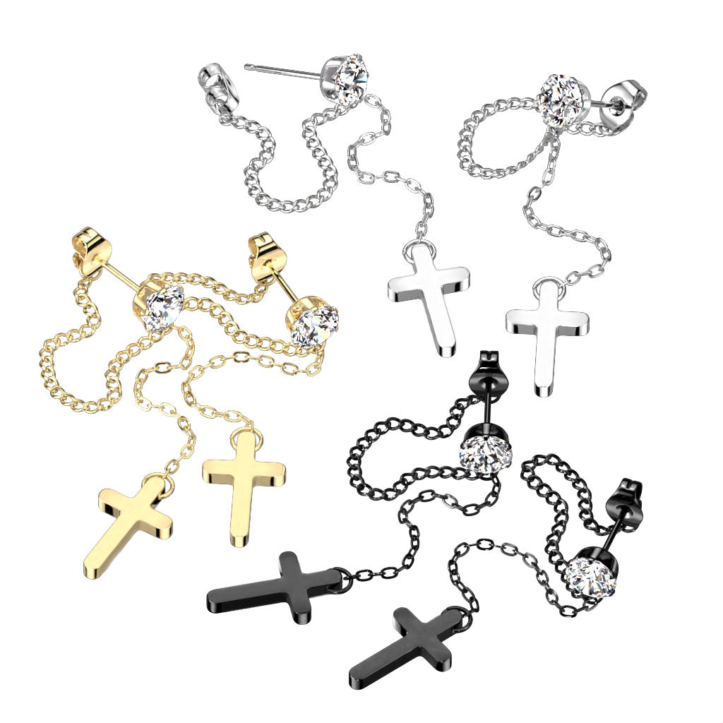Pair of 316L Surgical Steel Black PVD White CZ Cross Chain Dangle Earring Studs