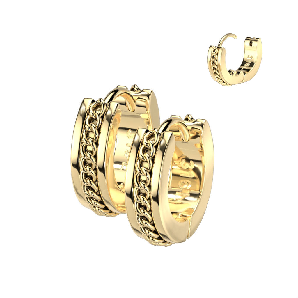Pair of 316L Surgical Steel Gold PVD Chain Link Design Hinged Hoop Earrings
