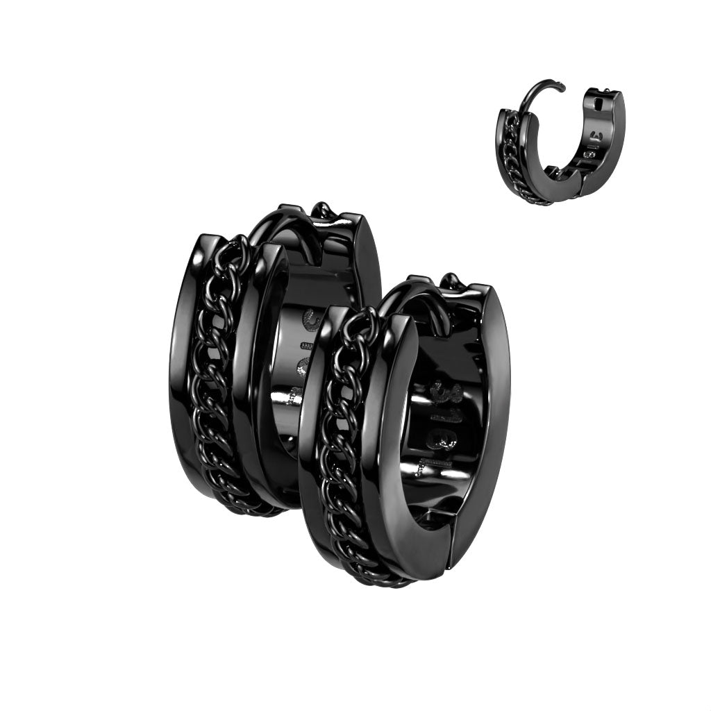 Pair of 316L Surgical Steel Black PVD Chain Link Design Hinged Hoop Earrings