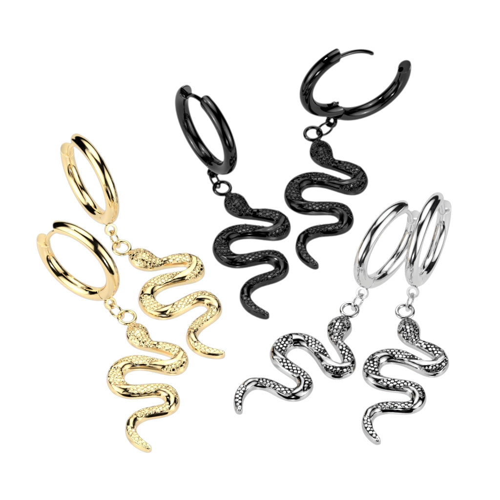 Pair of 316L Surgical Steel Slithering Snake Dangle Hoop Earrings