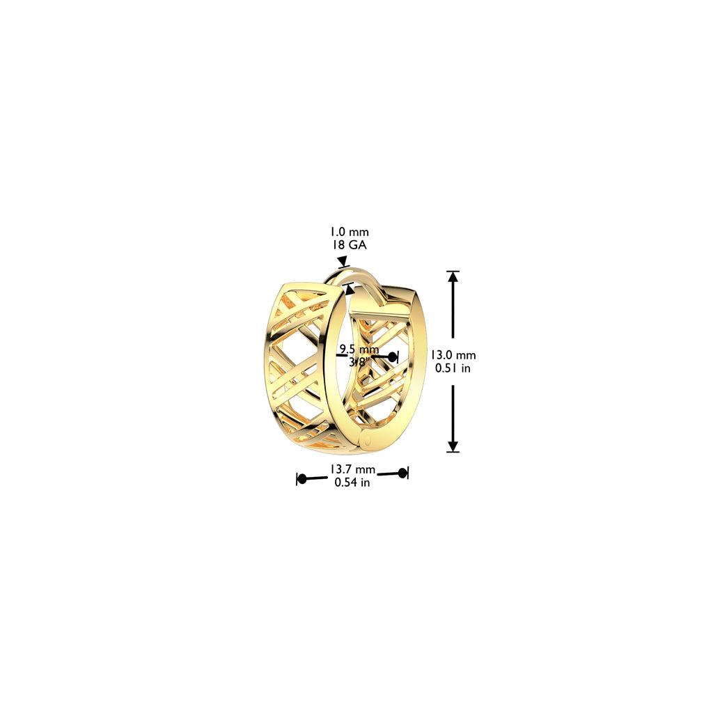 Pair of 316L Surgical Steel Gold PVD Cut Out Criss Cross Patterned Hinged Hoop Earrings