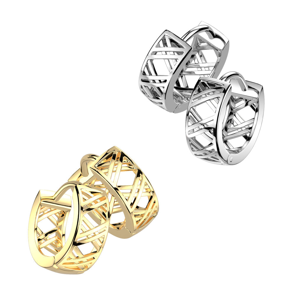 Pair of 316L Surgical Steel Cut Out Criss Cross Patterned Hinged Hoop Earrings