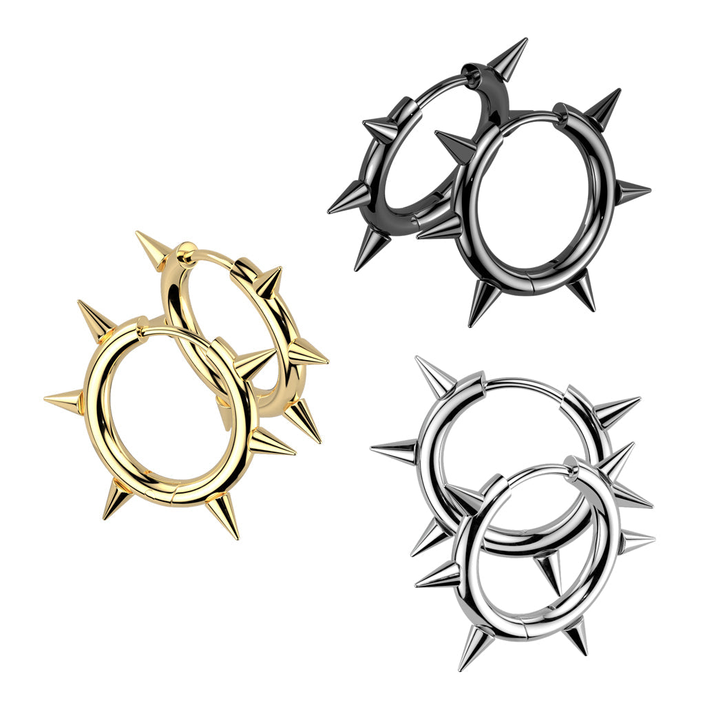 Pair of 316L Surgical Steel Gold PVD Thin Spike Hinged Hoop Earring