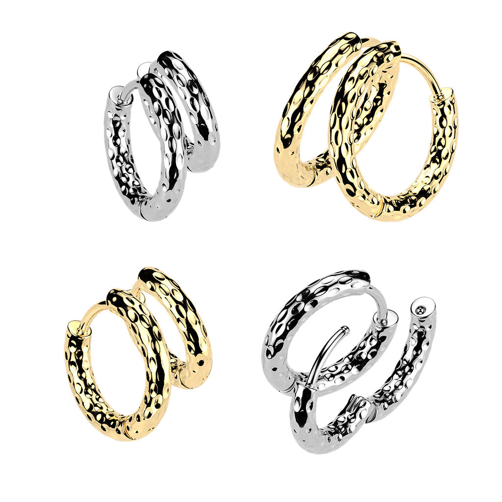 Pair of 316L Surgical Steel Gold PVD Hammered Hinged Hoop Earrings
