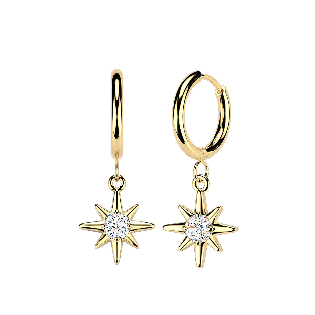 Pair of 316L Surgical Steel Gold PVD White CZ Starburst Large Dangle Hinged Hoop Earrings