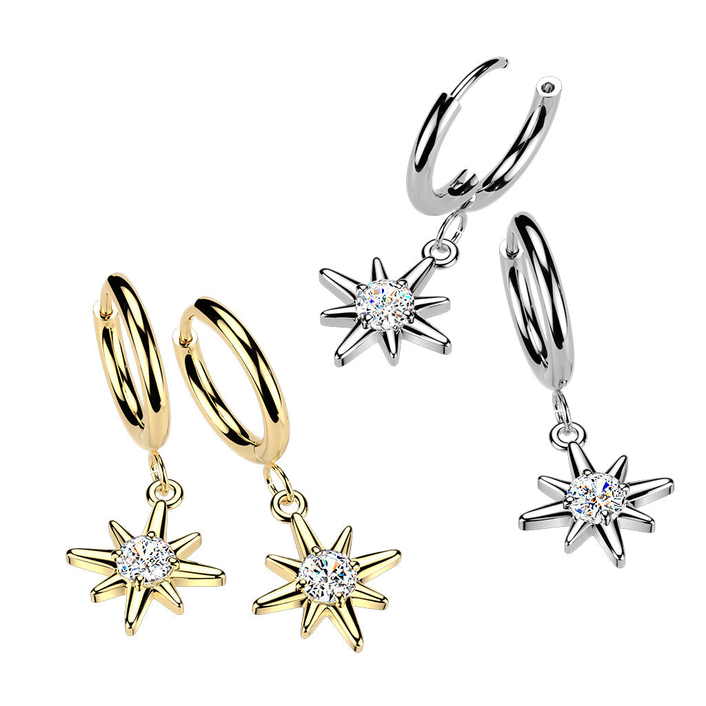 Pair of 316L Surgical Steel Gold PVD White CZ Starburst Large Dangle Hinged Hoop Earrings