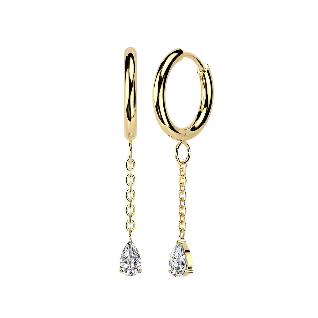 Pair of 316L Surgical Steel Gold PVD White CZ Long Teardrop Dangle Hinged Hoop Earrings