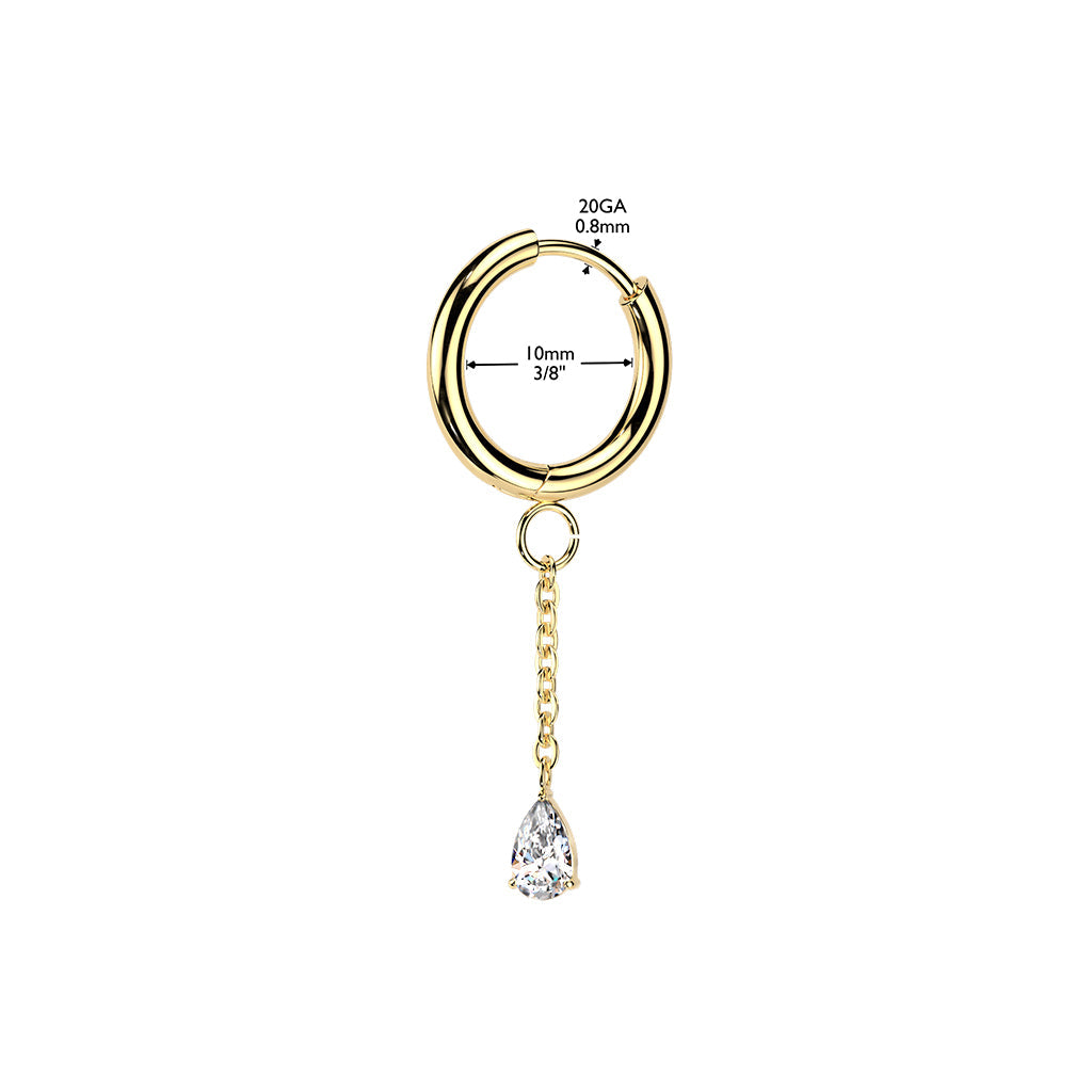 Pair of 316L Surgical Steel White CZ Long Teardrop Dangle Hinged Hoop Earrings