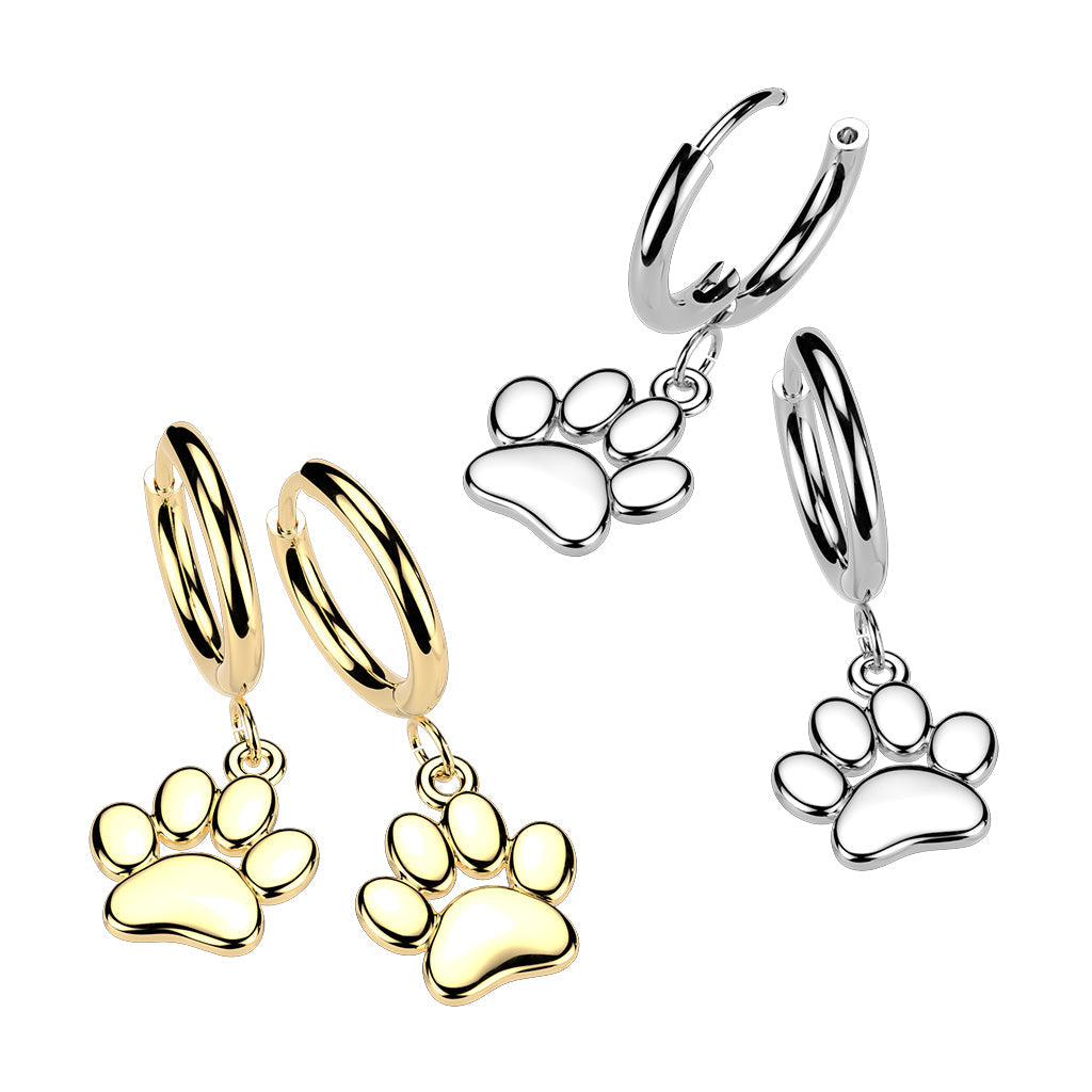 Pair of 316L Surgical Steel Gold PVD Large Paw Print Dangle Hoop Earrings
