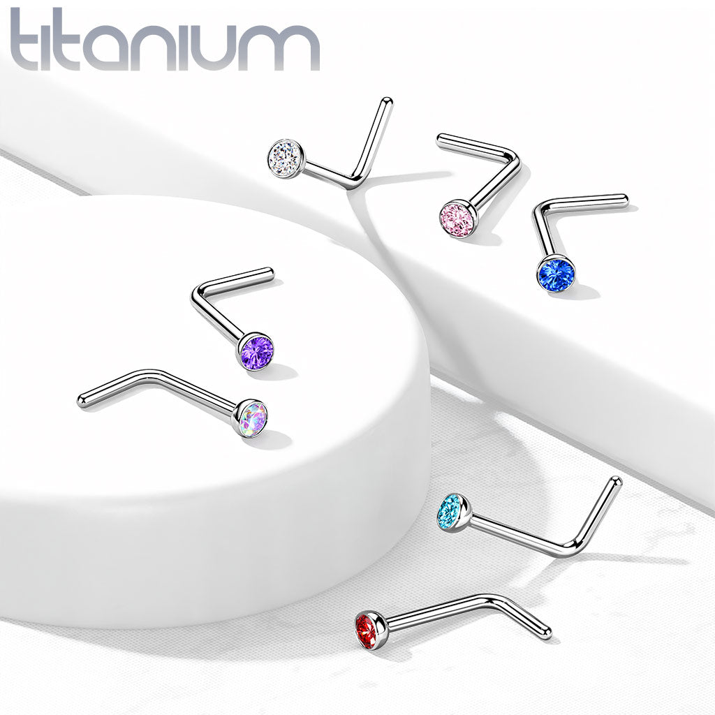 Implant Grade Titanium L-Shape Aqua CZ Nose Ring Stud