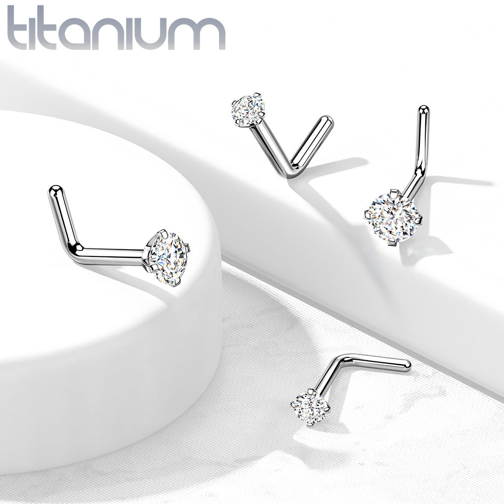 Implant Grade Titanium White CZ Prong L Shape Nose Stud