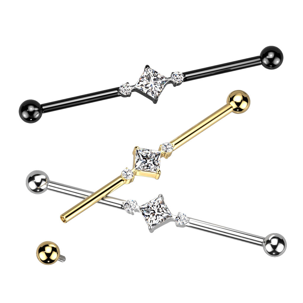 Implant Grade Titanium White CZ Square & Circle Gem Cluster Industrial Straight Barbell
