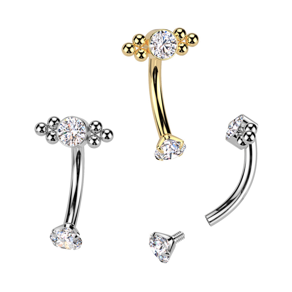 Implant Grade Titanium Gold PVD White CZ Bezel Boho Beaded Internally Threaded Curved Barbell