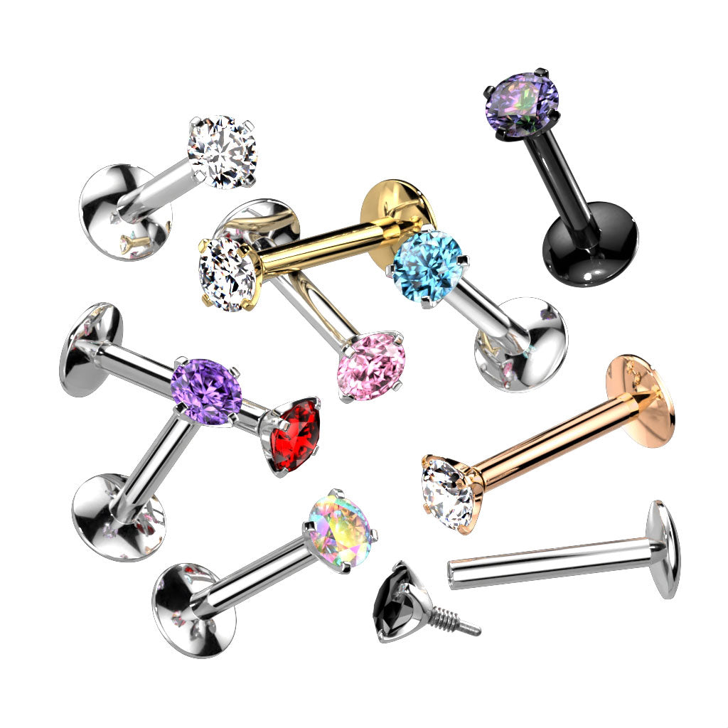 Implant Grade Titanium Gold PVD White CZ Gem Internally Threaded Concave Flat Back Labret