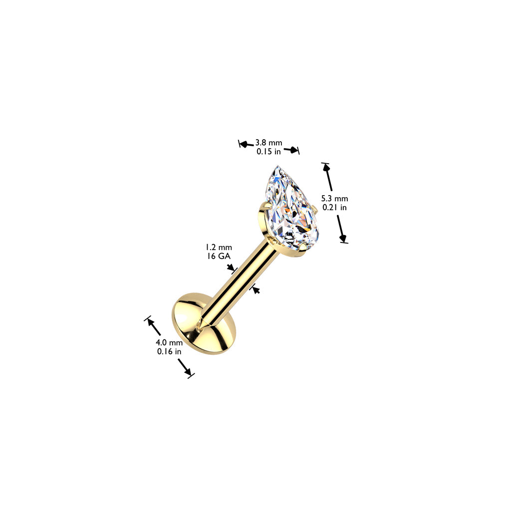 Implant Grade Titanium Gold PVD White CZ Teardrop Shaped Internally Threaded Flat Back Labret