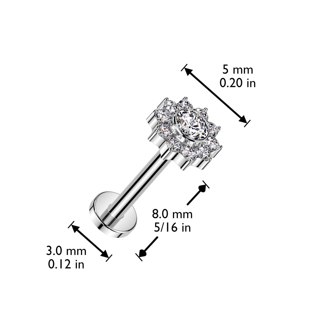 Implant Grade Titanium White CZ Flower Internally Threaded Flat Back Labret