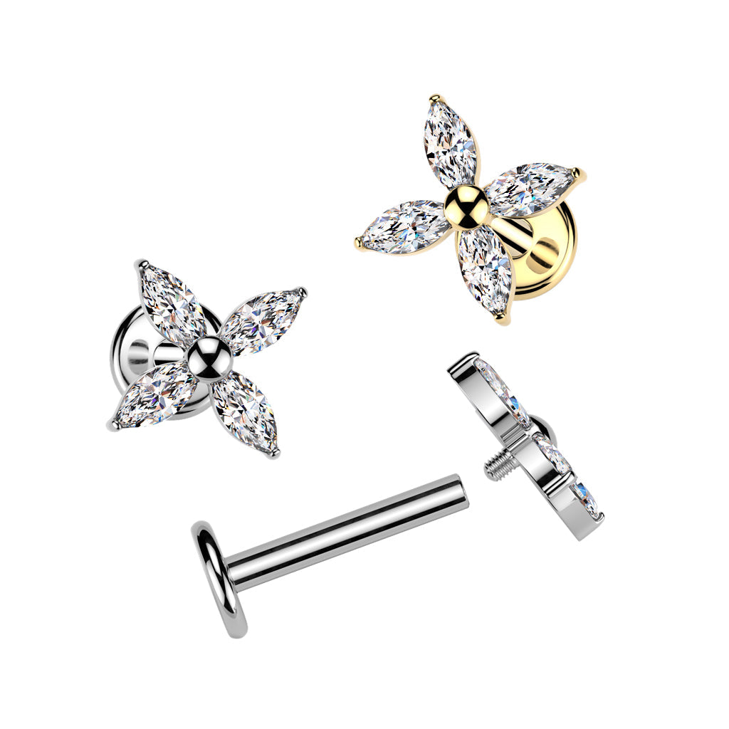 Implant Grade Titanium Gold PVD White CZ Large Four Petal Flower Internally Threaded Flat Back Labret
