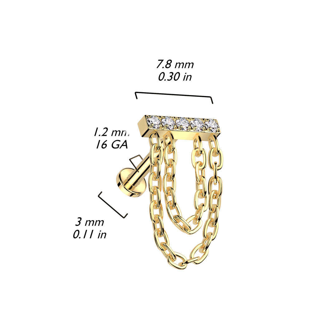 Implant Grade Titanium Gold PVD White CZ Studded Bar Chain Dangle Flat Back Labret