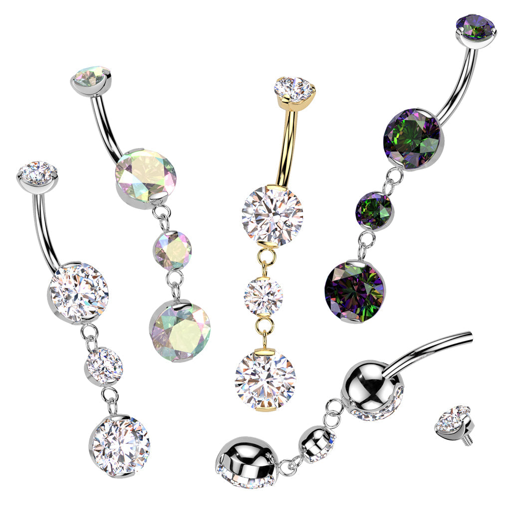 Implant Grade Titanium Gold PVD White CZ Internally Threaded Multi Gem Dangle Belly Ring