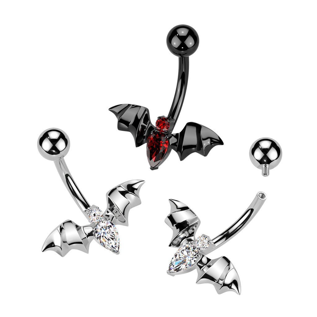 Implant Grade Titanium White CZ Internally Threaded Flying Bat Non Dangle Belly Ring