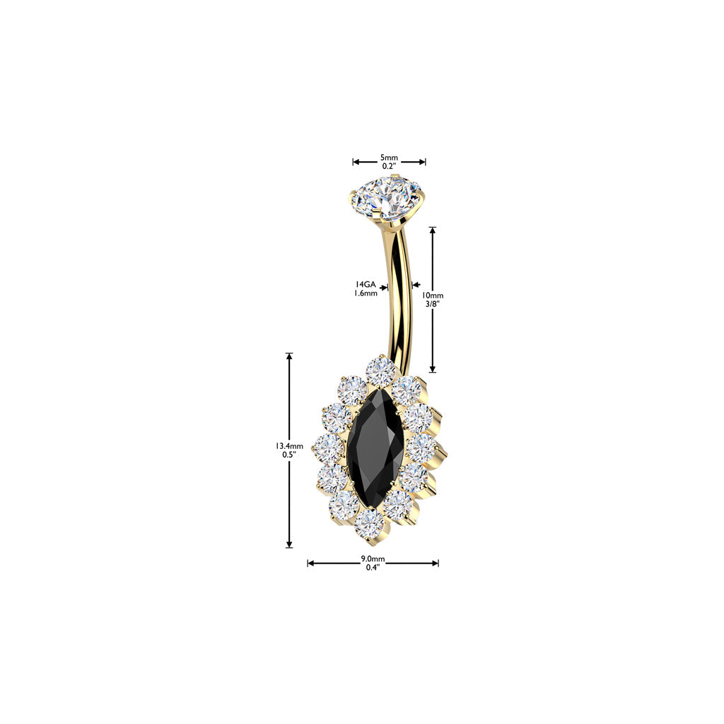Implant Grade Titanium Gold PVD White & Black CZ Internally Threaded Marquise Non Dangle Belly Ring