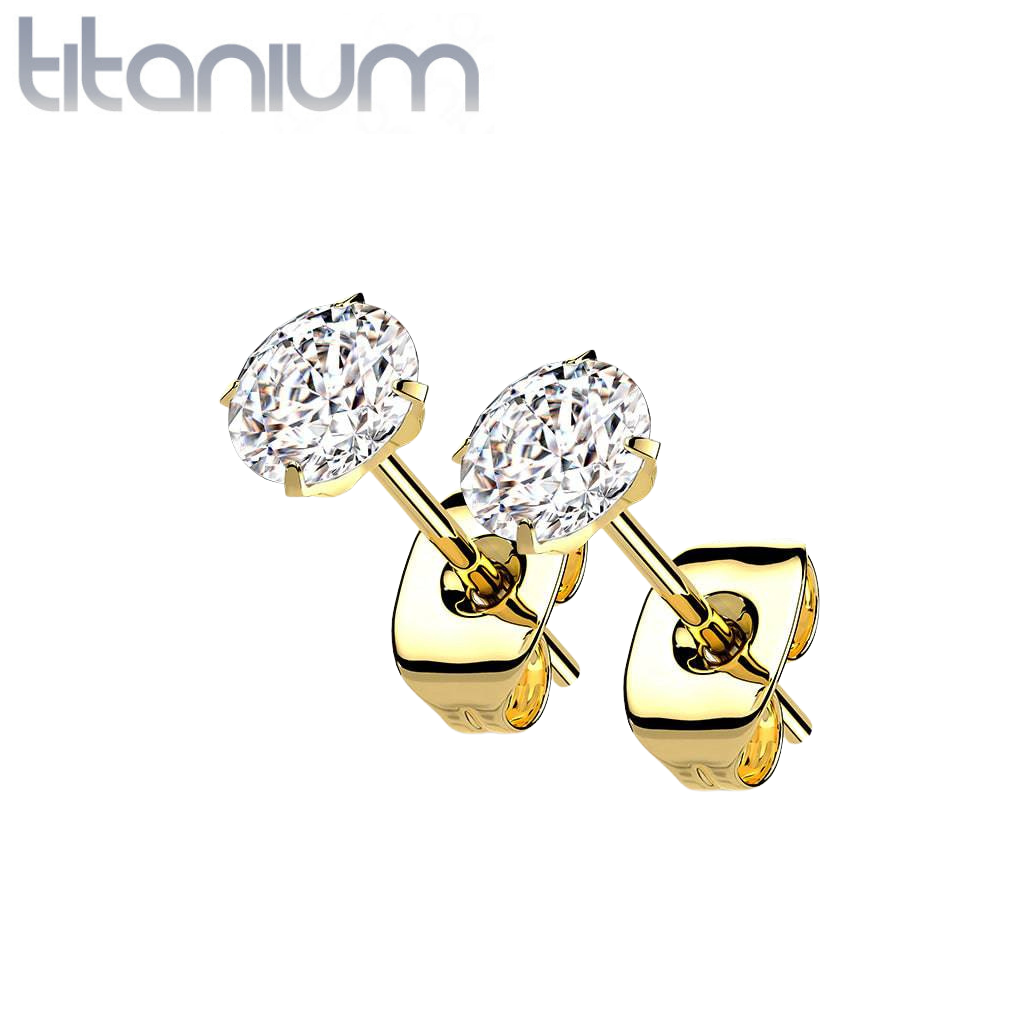 Pair Of Implant Grade Titanium Gold PVD White CZ Stud Earrings