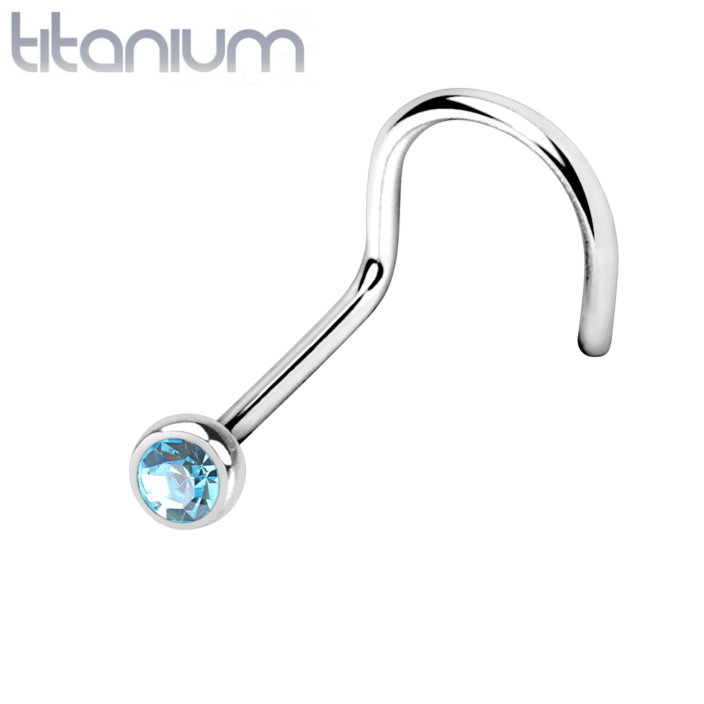 Implant Grade Titanium Corkscrew Bezel Aqua CZ Gem Nose Pin Ring