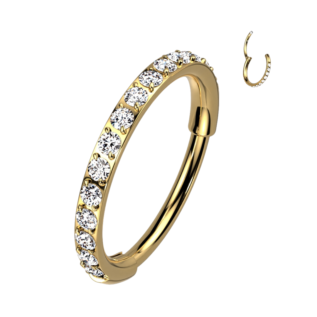 316L Surgical Steel Gold PVD Pave White CZ Nose Hoop Hinged Clicker Ring