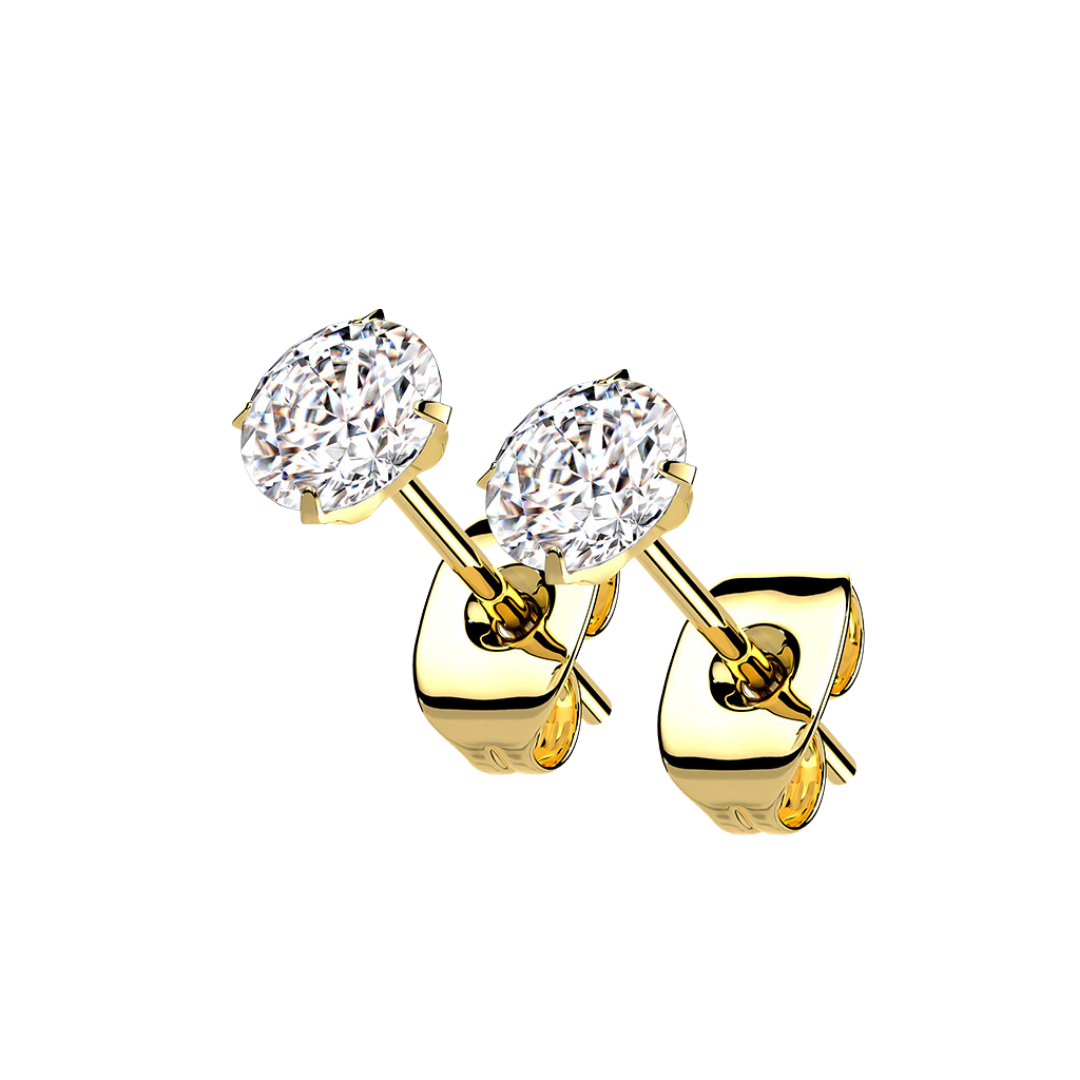 Pair of 316L Surgical Steel Gold PVD Flat White CZ Prong Stud Earrings